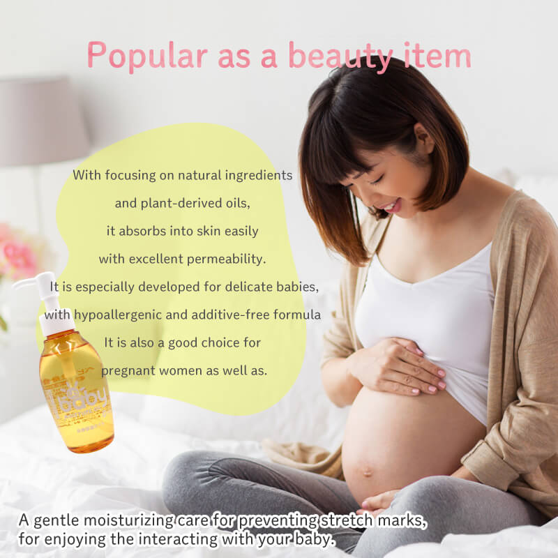Popular as a beauty item With focusing on natural ingredients with plant-derived oils, it absorbs into skin easily with excellent permeability. With hypoallergenic and additive-free formula especially developed for delicate babies, it is also a good choice for pregnant women as well as.