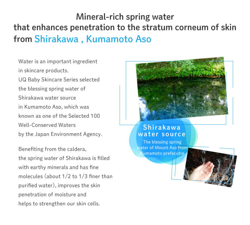 Mineral-rich spring water from Shirakawa , Kumamoto Aso that enhances penetration to the stratum corneum of skin